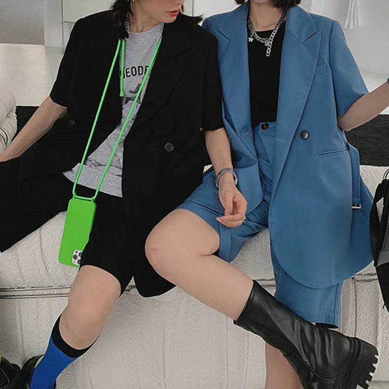 

Casual Blazer Suit Women Spring Summer Loose Office Ladies 2 Piece Blazer Sets Retro Jacket Shorts Korea 2021