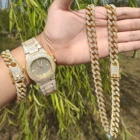 3 шт. в комплекте 13 мм хип-хоп Украшенные Стразы полное кубинское ожерелье Майами + часы + браслет Rapper для мужчин и женщин ювелирные изделия