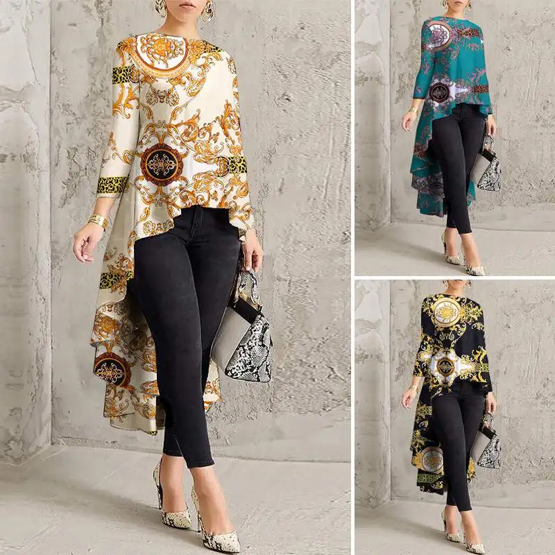 Стильная Асимметричная блузка ZANZEA женская рубашка с длинным рукавом и цветочным