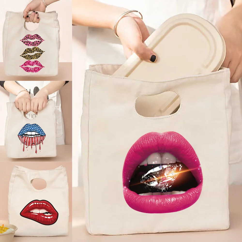

Women Bag Tote Canvas Thermal Lunch Bag,mouth Print Shoulder Eco Shopper Storage Bags,Picnics Folding Organizer Travel Bags