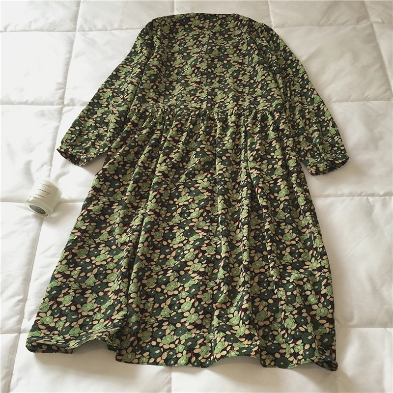 

Spring and Autumn Women's Casual Flower Printed V-neck Long Sleeve Loose Dress