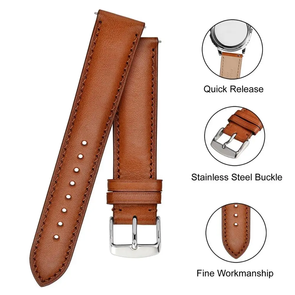 Anbeer Leather Watchband 18mm 20mm 22mm Full Grain Quick Release Watch Strap Band, Men Women Elegant Replacement Bracelet Belt