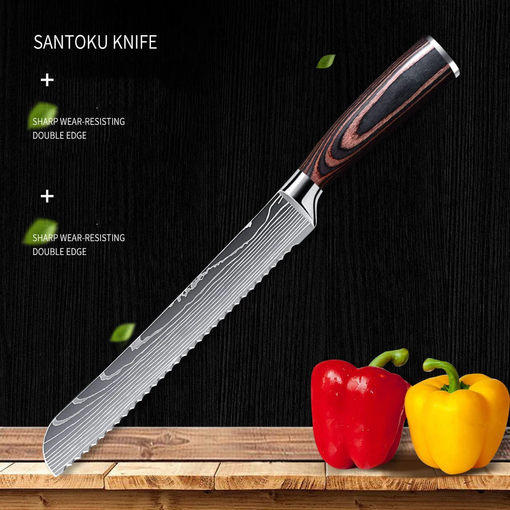 

8 Inch Damascus Serrated Bread Knife Japanese Kitchen Chef Knives 7CR17 Stainless Steel Toast Slice Knife Cake baking knife