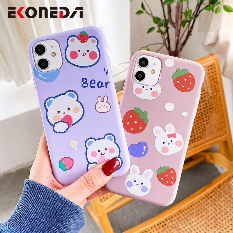 

EKONEDA Cartoon Strawberry Bear Rabbit Case For iPhone 12 11 Pro XS Max X XR 7 8 6S Plus Protective Case Silicone Back Cover