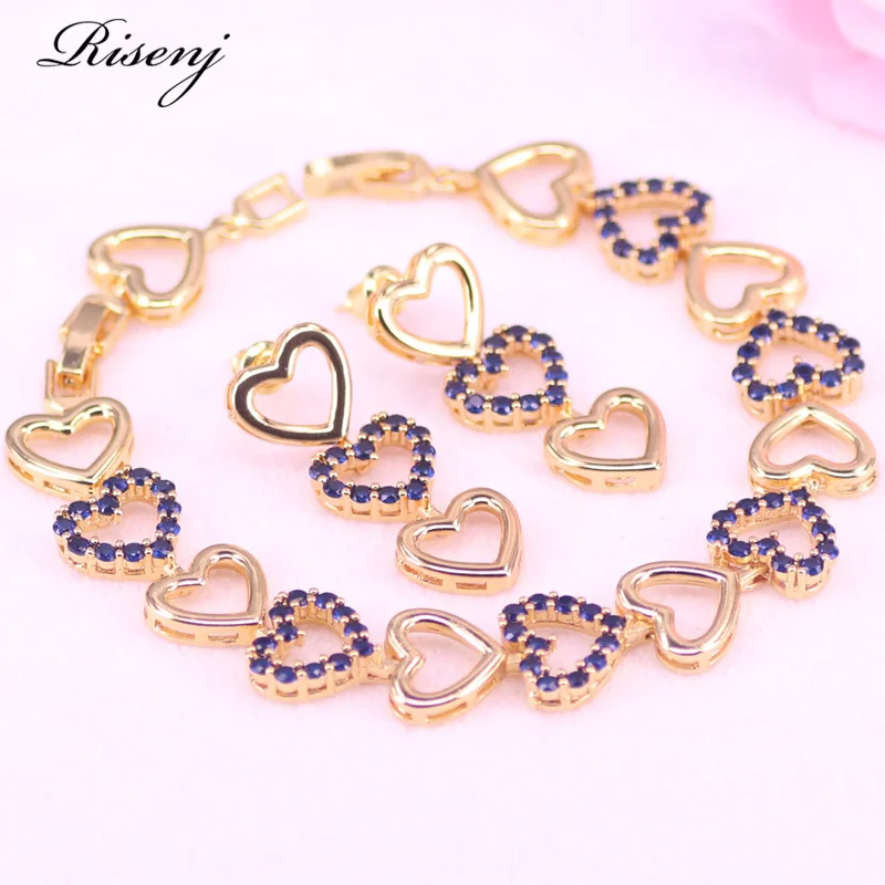 

3 Colors Rose Red Zircon Heart in Heart Square 18k Gold Jewelry For Female Stud Earrings Bracelet Set Best Birthday Present