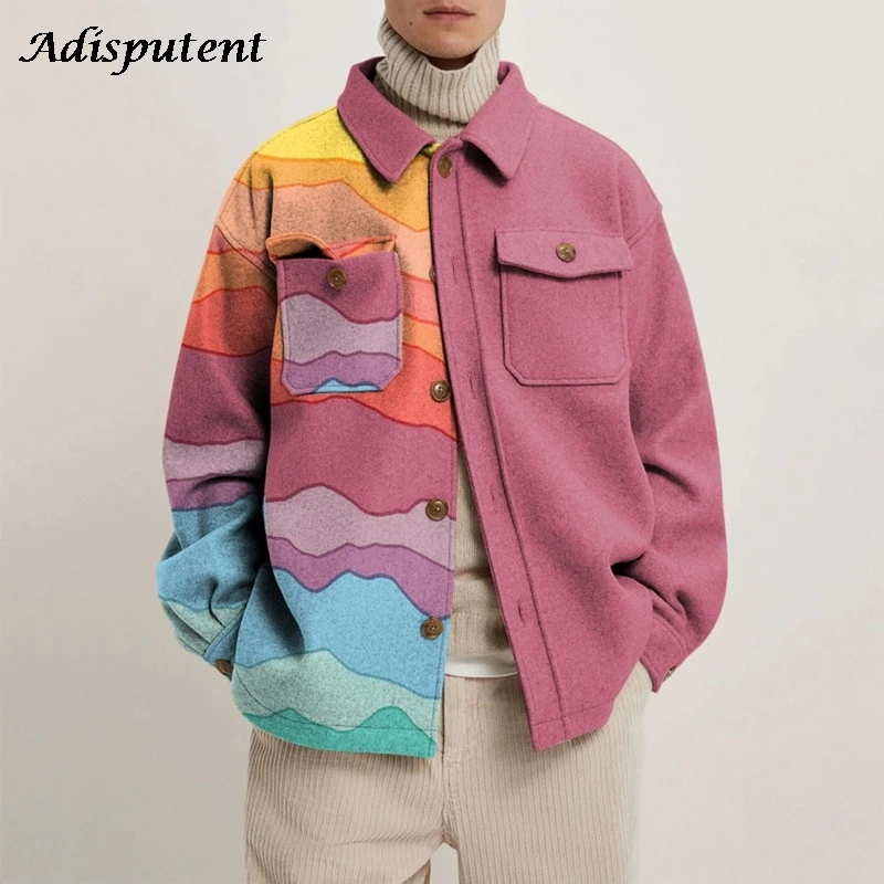 

Men Turn-down Collar Shirts 2021 Autumn Winter Fashion Abstract Printed Thick Shirt Mens Cardigan Tops Casual Streetwear