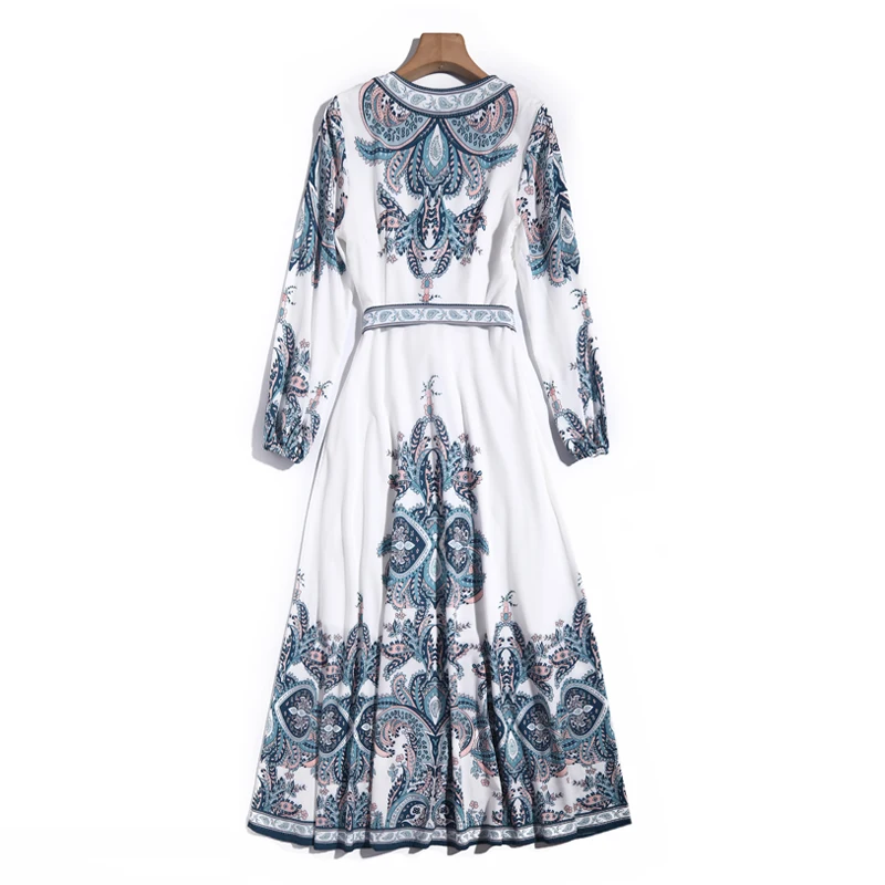 

Long Dress Designer Spring Autumn Bohemian V-Neck Print Women'S Vintage Fashion High Quality Belt Runway Casual Party Dresses