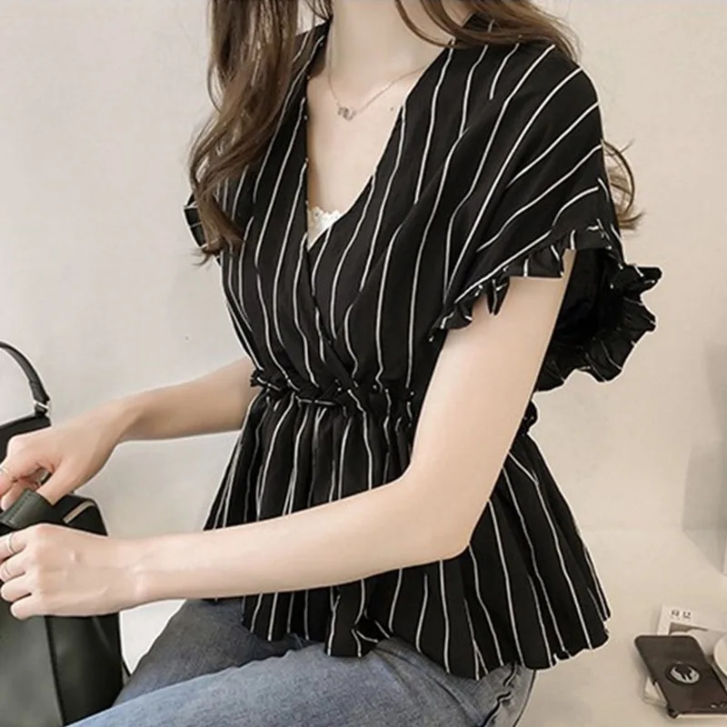 

Elegant Striped V-Neck Shirt Tops Sweet Ruffles Shirt Summer Blouse Elegant Women Blouse Fashion Short Butterfly Sleeve New
