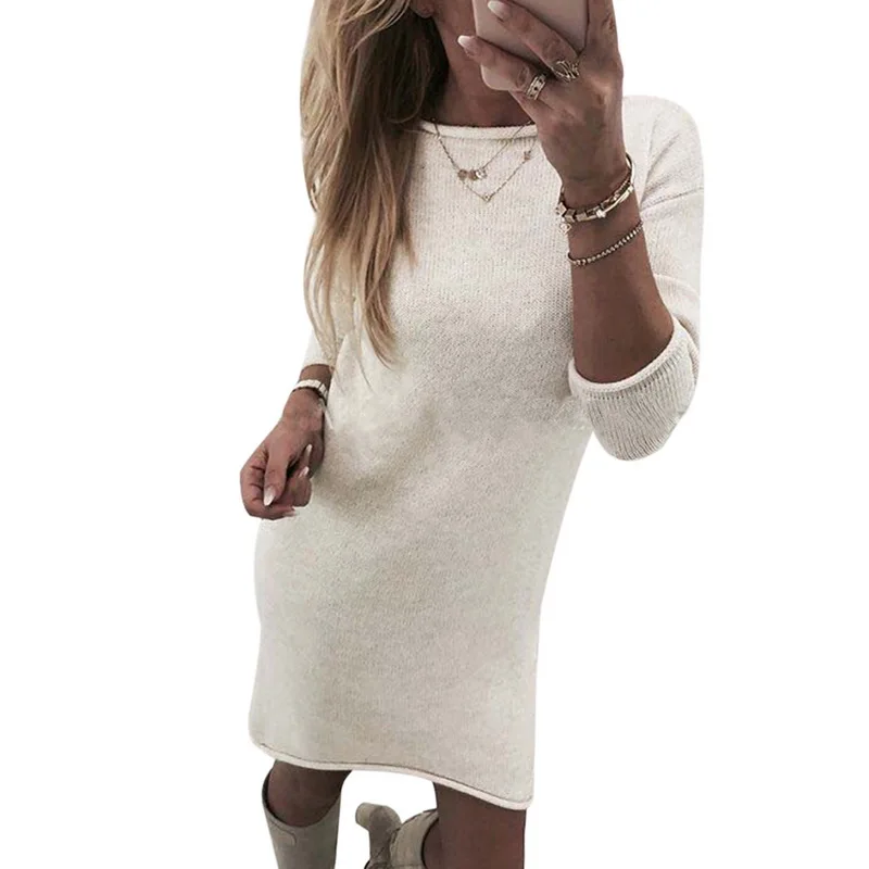 Женское повседневное свободное облегающее прямое мини платье однотонное свитер