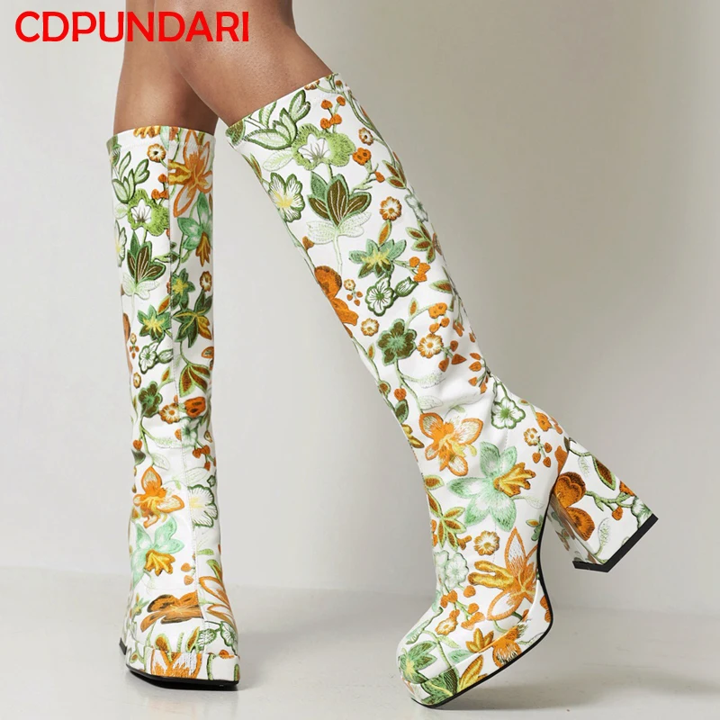 

Fashion Print Women High Heels Platform Knee High Boots Ladies Autumn Winter Modern Long Boots Shoes Bottes Plateforme Femme