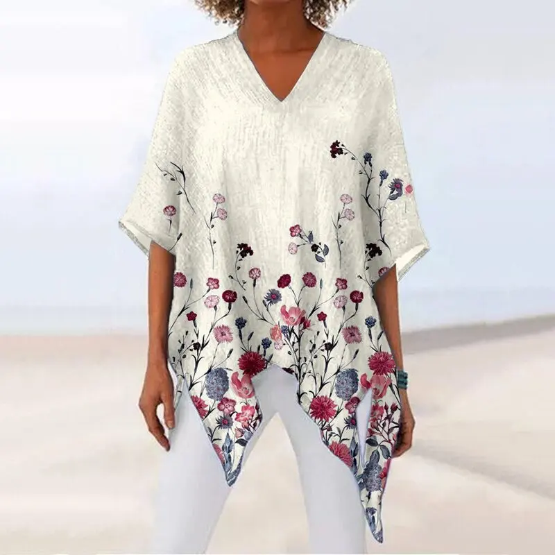 

Women's Summer Hedging Shirt Casual Loose Chiffon Irregular Tops Y2k V-neck Flowers Printing Sleeve Long T-Shirt Female Clothing