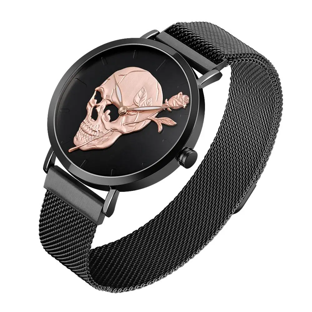

SKMEI Creative Men's Watch Skull Dial Stainless Mesh Luminous Pointer Punk Skeleton Quartz Male Watch Relogio Masculino 9173
