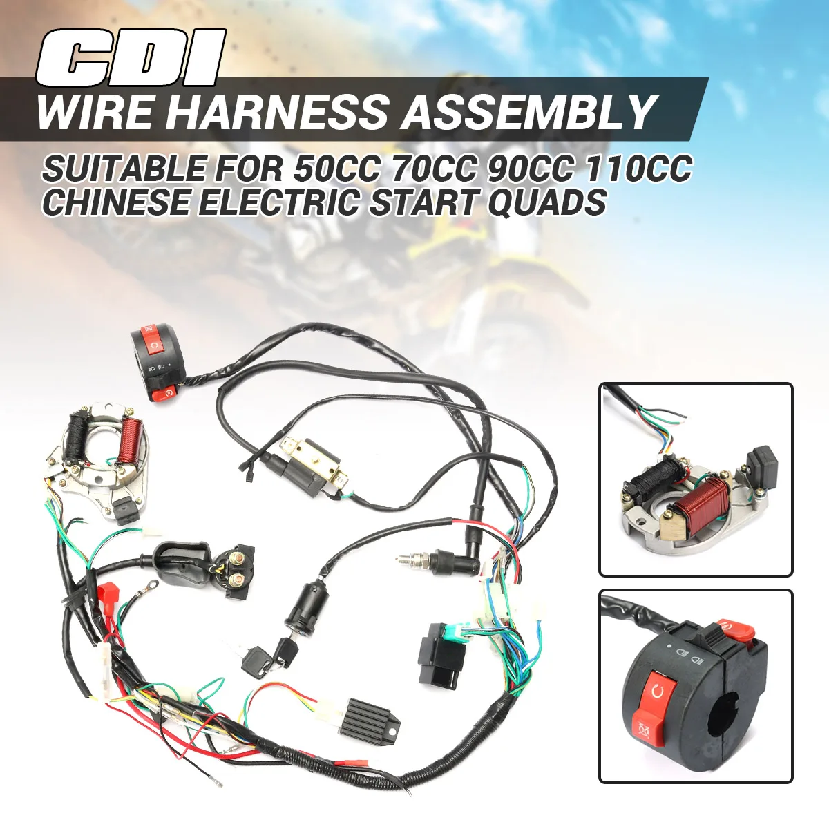 

Motorcycle Electric Startor Kit CDI Wiring Harness Loom Solenoid Coil Rectifier For 50cc 70cc 90cc 110cc Scooter ATV Quad