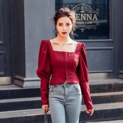 Весна 2020 Новая Винтажная Красная футболка с длинным рукавом и вырезом лодочкой