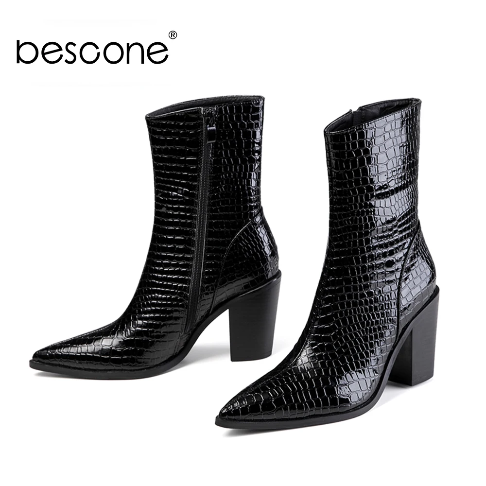 Новые модные женские сапоги BESCONE с крокодиловым узором на квадратном каблуке