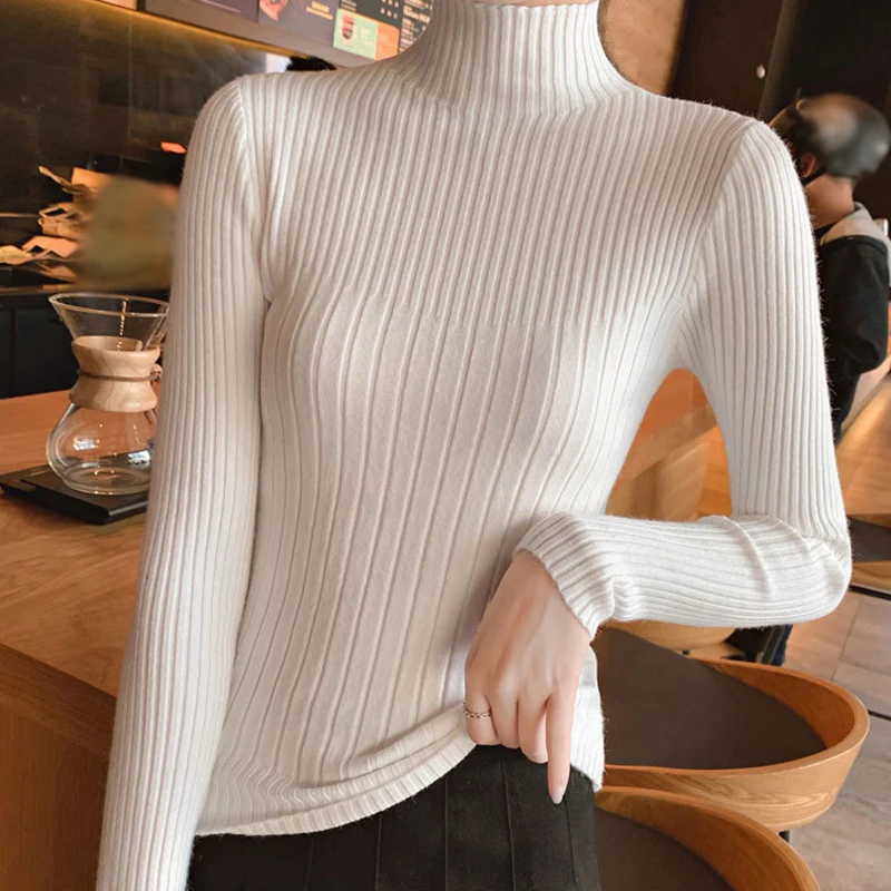 Autumn And Winter Korean Sweater Women Turtleneck Long Sleeve Solid Color Slim Pullover Casual Knitted Bottoming Shirt Sweaters | Женская