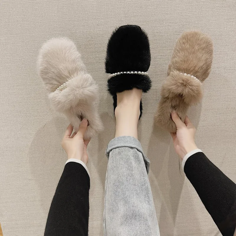 

Mink Beads Fur Mules Women Warm Plush Slippers Thick Heels Square Toe Winter Cotton Shoes Woman Cover Toe Furry Slides MujerHot