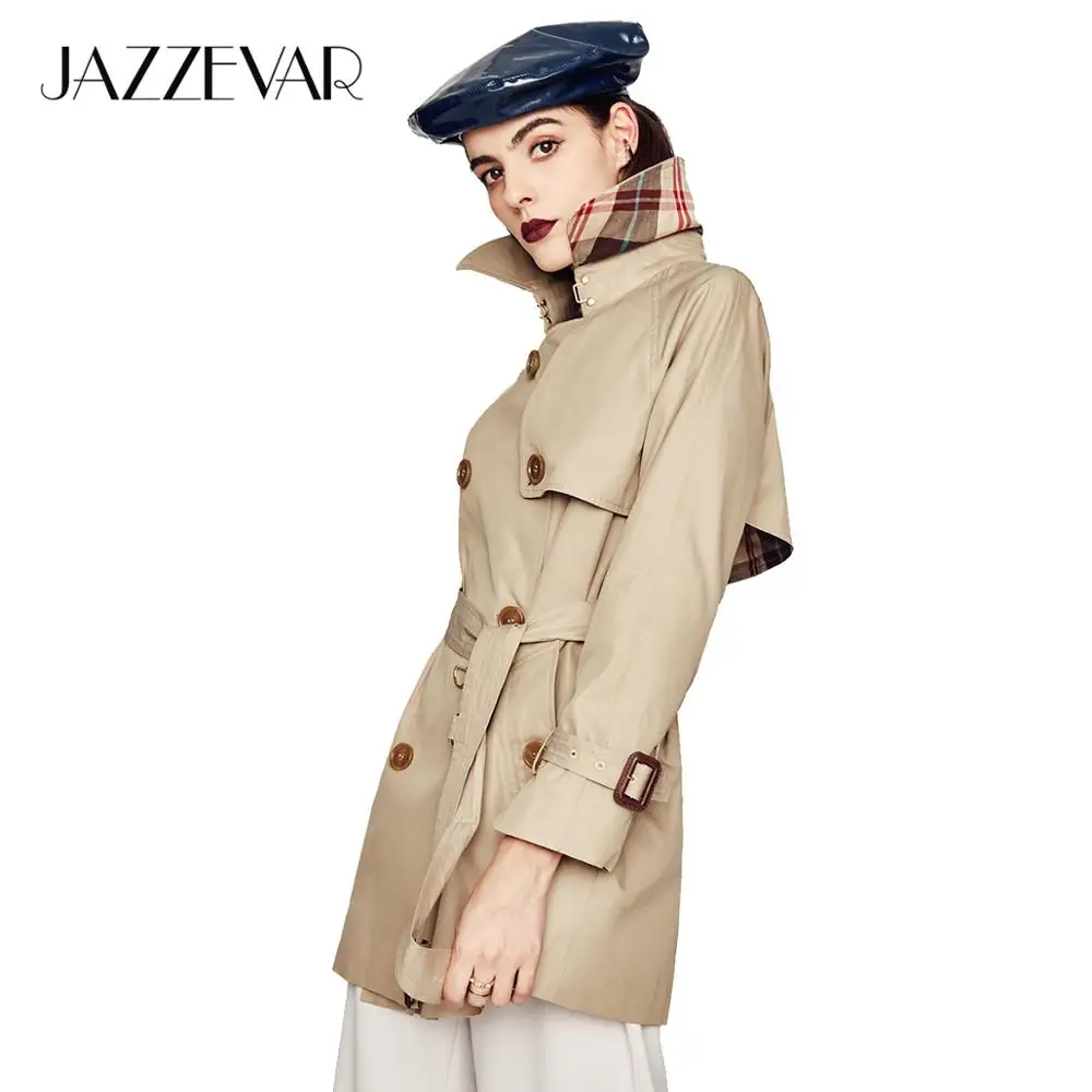 JAZZEVAR 2023 New High Fashion Women's Waterproof Cotton Double-breasted Short Trench Coat Outerwear Top Quality