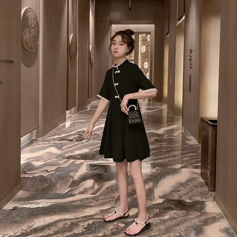 Модное черное платье с воротником-стойкой и коротким рукавом женские вечерние