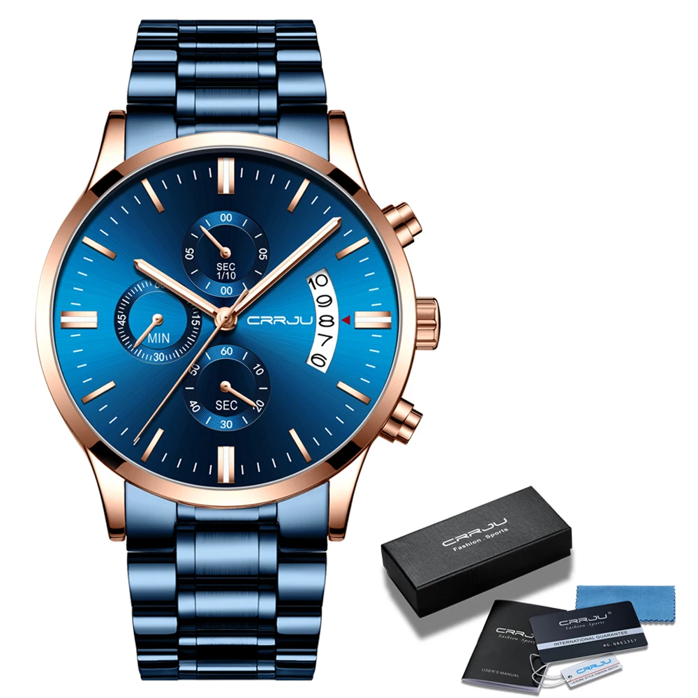 

Часы наручные CRRJU Мужские кварцевые, модные полностью стальные брендовые роскошные стильные водонепроницаемые с датой