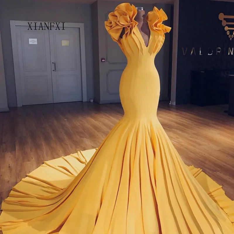 

Beautiful 2020 yellow evening dress belt bow lace evening dress fishtail sexy evening dress