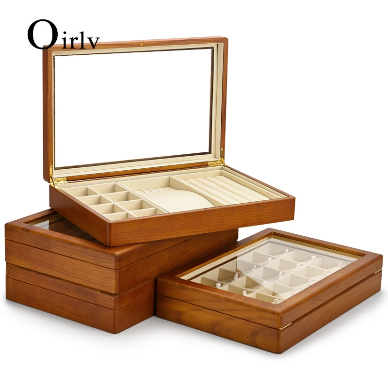 Oirlv Newly High Quality Multi-function 4 in one Wooden Jewelry Organizer Box Microfiber Ring Display Trays Bracelet Storagecase
