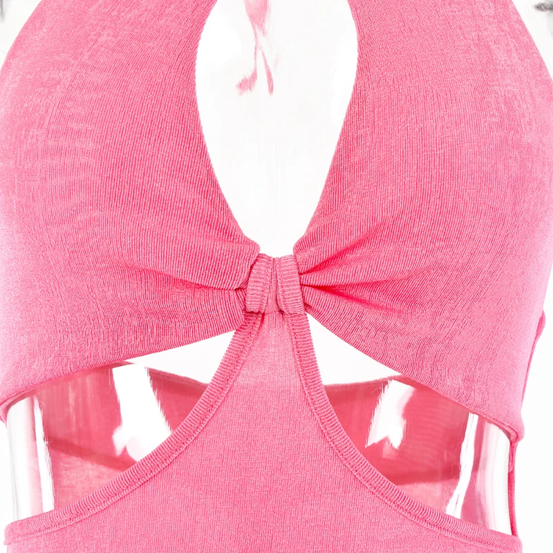 

Sexy Hollow Mini Dress Women Backless Halter Sleeveless Slim Dresses Women Summer Pink Orange Blue Elegant Dress Female LD2049