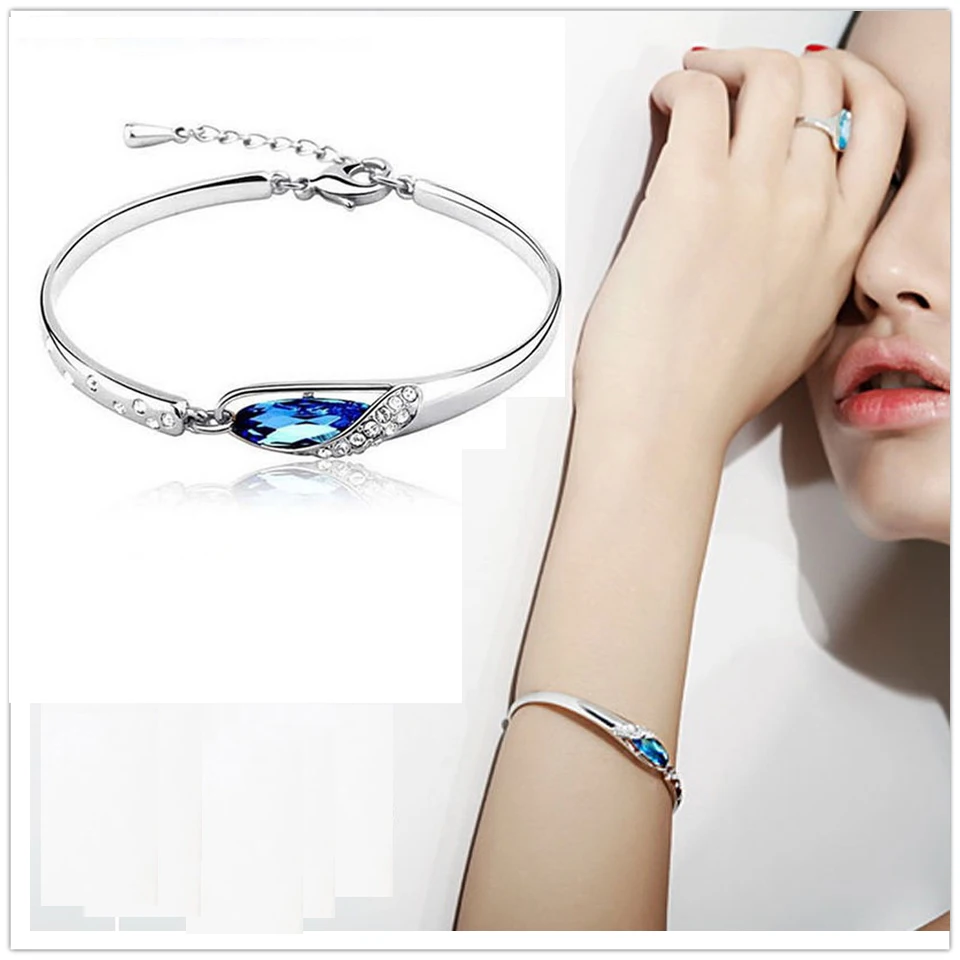 

2021 New Korean Fashion Blue Crystal Wings Charm Bracelets & Bangles Blue Rhinestone Bracelets For Women Elegant Jewelry