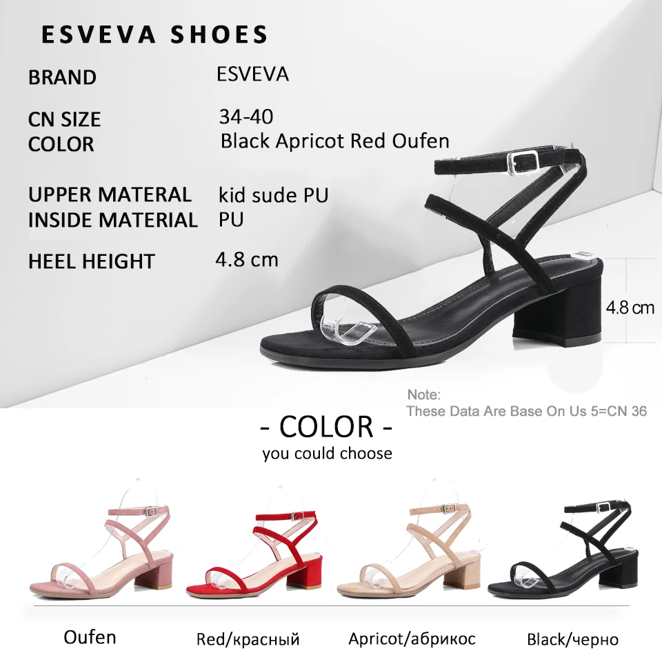 

ESVEVA 2018 Med Heels Women Sandals Square Heels Buckle Summer Kid Suede PU Square Toe Shoes Sandals Slingback Women Size 34-40