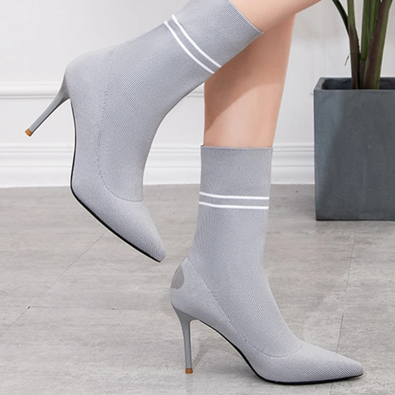 Женские трикотажные эластичные ботинки на высоком каблуке|Женские полусапожки| |