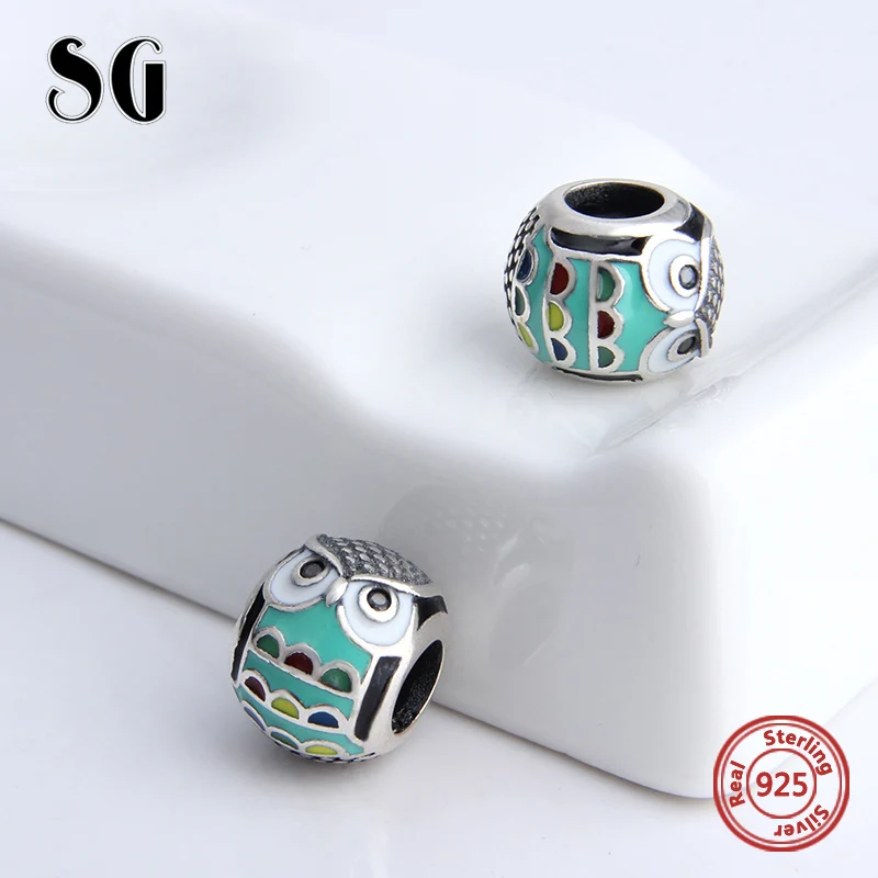 SG 925 Серебро милые животные Сова Подвески бусины с разноцветной эмалью Fit