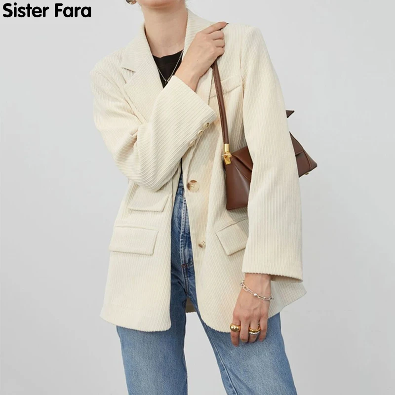 

Sister Fara New Spring 2021 Elegant Corduroy Blazer Jacket Women Single Breasted Multi-pocket Coat Office Lady Casual Blazers