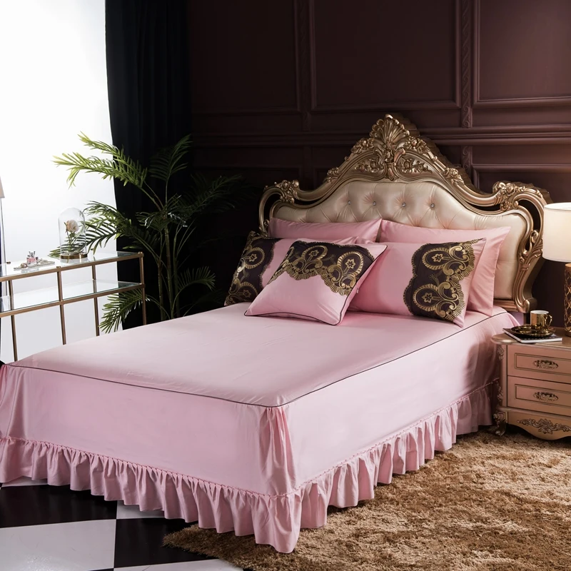 

Luxury Pink Green Gray 100% Egyptian Cotton Comfortable Bedding Set Gold Lace Duvet Cover Bed Sheet Bed Skirt Pillowcase 4pcs