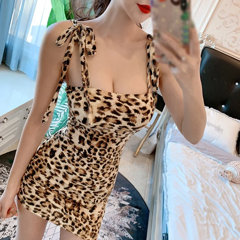 

ROPALIA Fashion Leopard Print Suspender Dress Female Summer Bag Hip Temperament Dress Summer Sleeveless Dress