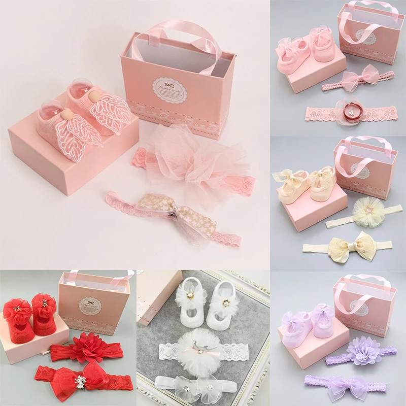 Детские носки и повязка на голову милый комплект кружевные с лентой для волос