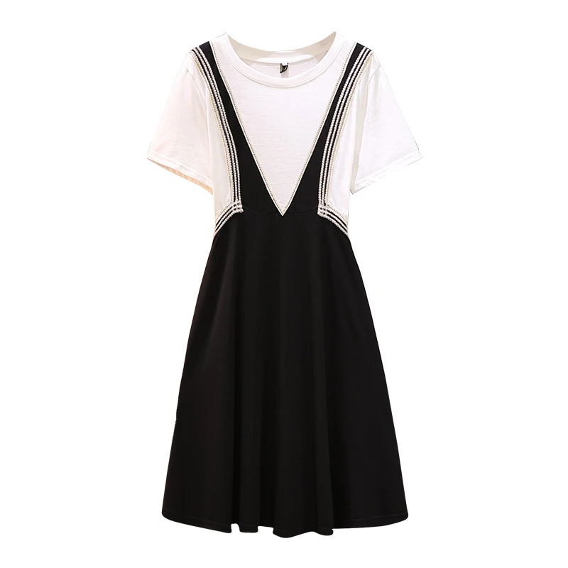 

EHQAXIN Plus Size Women Casual Dress Summer 2021 Cotton Short Sleeve Tshirt Patchwork Diamond Ribbon Straps Fake Two Piece Dress