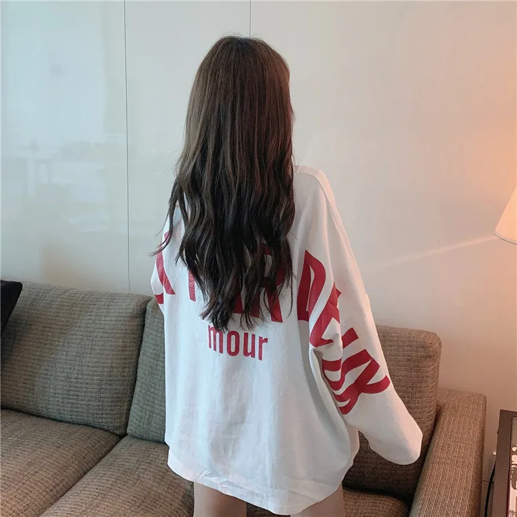 Ulzzang Топы mujer осень vogue корейский стиль одежда уличная панк с буквенным принтом Большие размеры с длинным рукавом Повседневная футболка женская