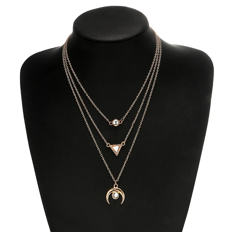 

Fashion Moon Triangle Bead Pendant Alloy Multi Layer Pendant Necklace