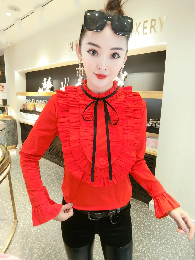 2021 Spring Long Seeve Ruffles Cotton Shirts Women Office Work Layers red Sweet Blouse Tops | Женская одежда