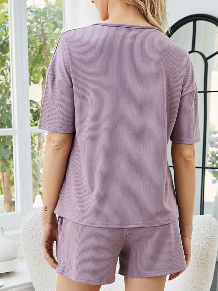 

Summer Shorts Tracksuit Suit For Women V Neck Loose T-shirt Drawstring Shorts Women's 2 Piece Set Casual Sportwear Homewear Sets