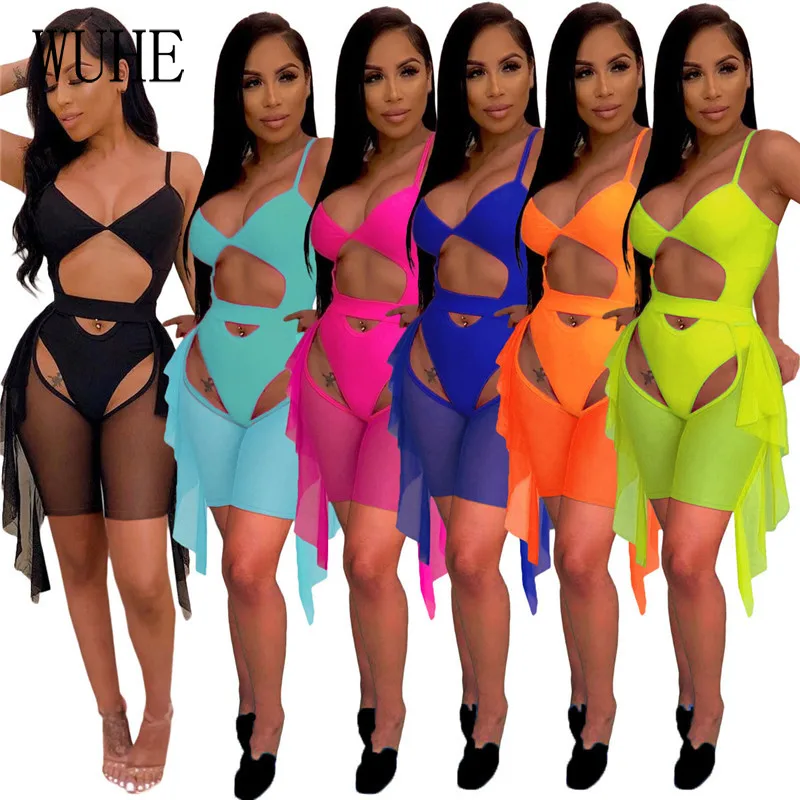 

KEXU Bikini Beach Swimsuits 2 Sets Spaghetti Strap Mesh See Through Top and Hollow Out Short Pants Casual Party Club Outfits