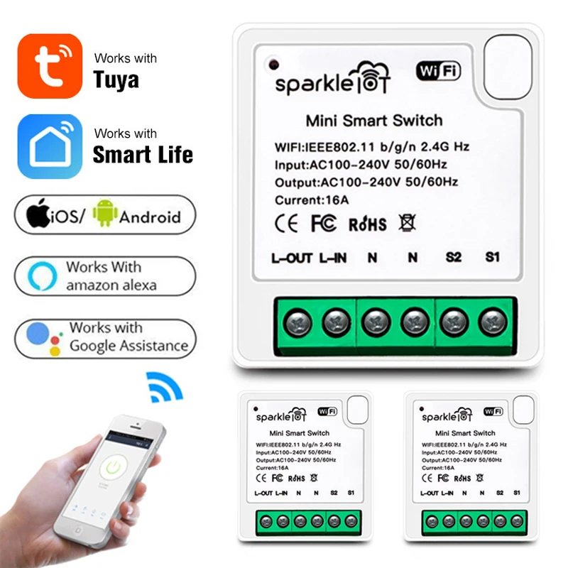 

Мини Wi-Fi переключатель Tuya с поддержкой 16 А, двухсторонний Модуль Автоматизации для умного дома, работает с приложением Alexa Google Home Smart Life