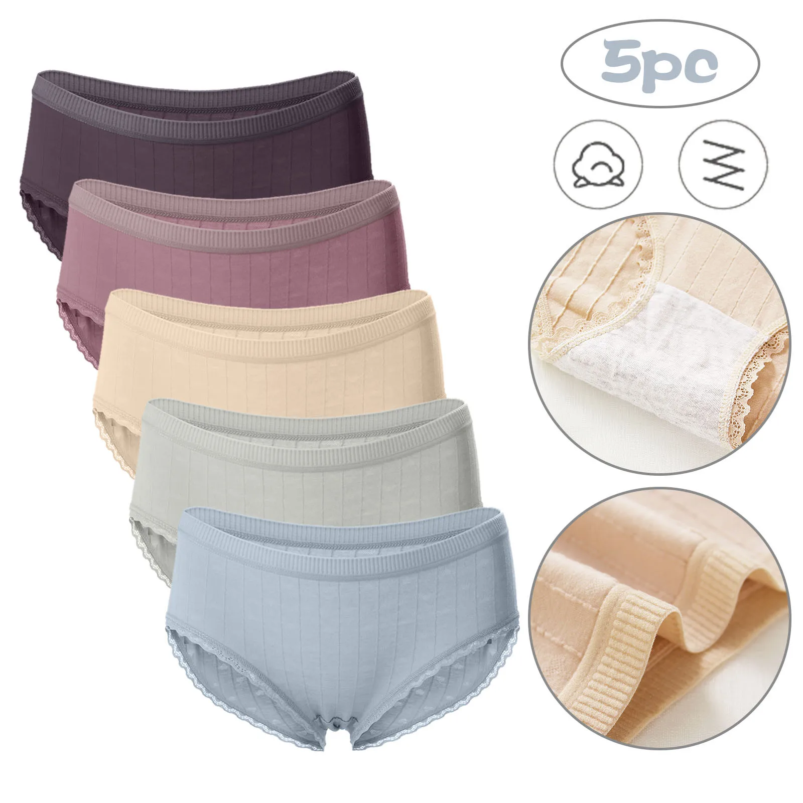

5pcs Cotton Mid Waist Lingerie Women's Panties Solid Color Lace Briefs Cotton Underwear Lady Sexy Seamless Underpants Bragas