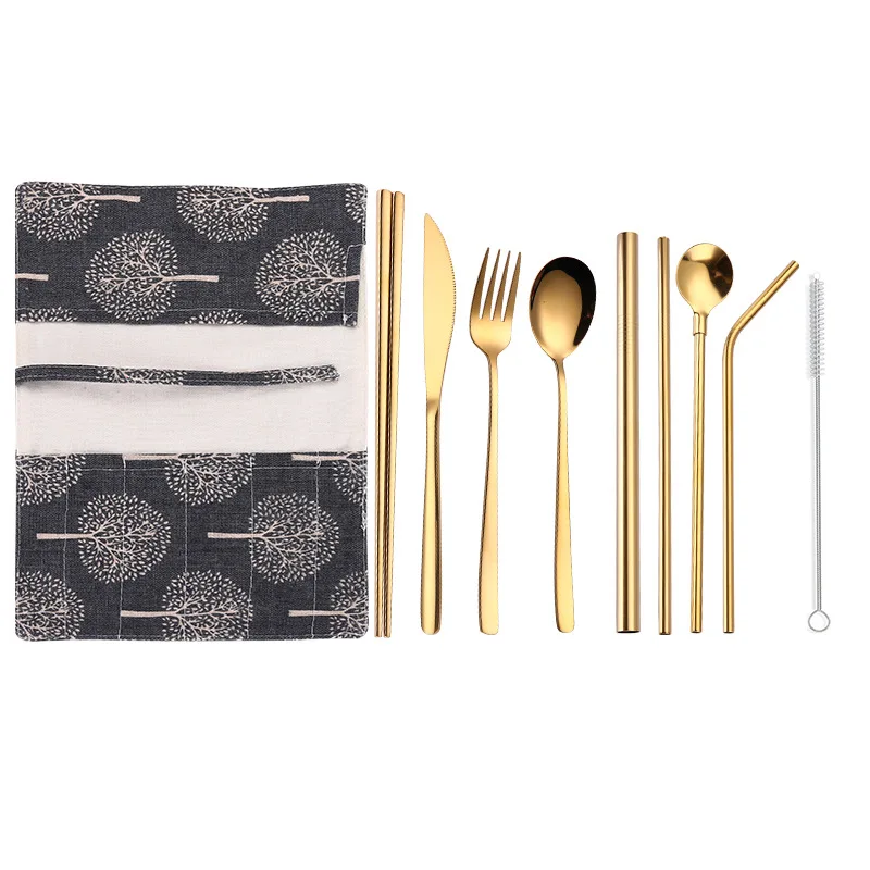 9PCS Gold Tofok набор посуды из нержавеющей стали, ложка, вилка, палочки для еды, солома, упаковка ткани, столовые приборы для путешествий, для офиса, пикника, барбекю - Цвет: 9PCS Gold