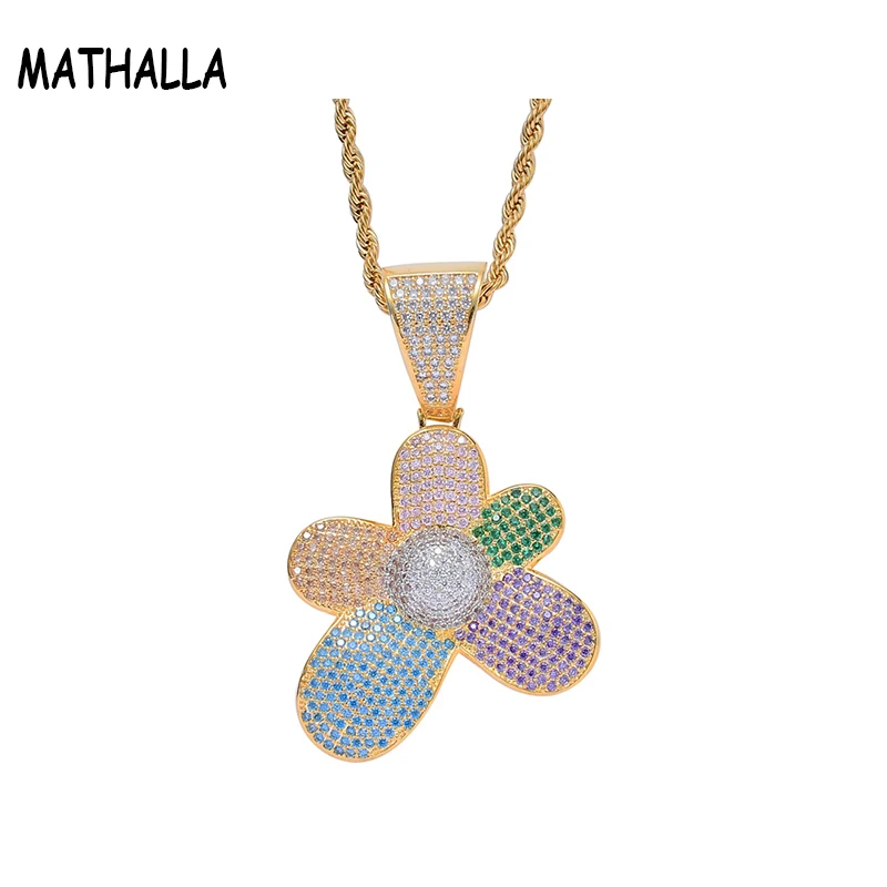 

MATHALLA Bling Iced Out Colored flower shape Necklace & Pendant With AAA Cubic Zircon Men's Women Hip hop Rock Jewelry