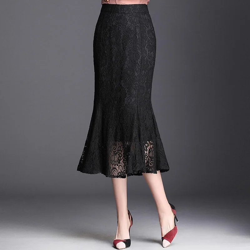 

2021 Spring Summer Womens Ruffled Black Lace Mermaid Skirt , Fall Slim 4xl High Waisted Trumpet Skirts for Woman Clothes
