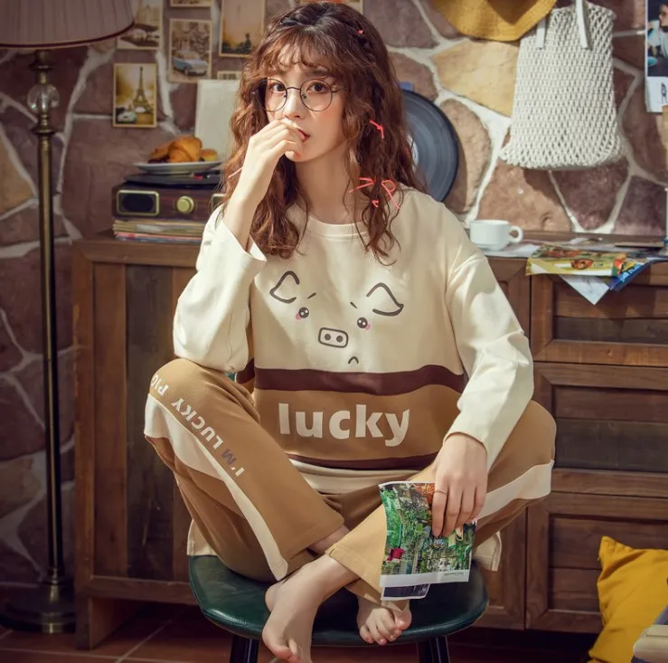 Большие размеры, M-XXL, женские пижамные комплекты, хлопок, одежда для сна, весна-осень, пижамы с длинным рукавом, пижамный комплект с круглым вырезом, женские пижамы - Цвет: MX2680
