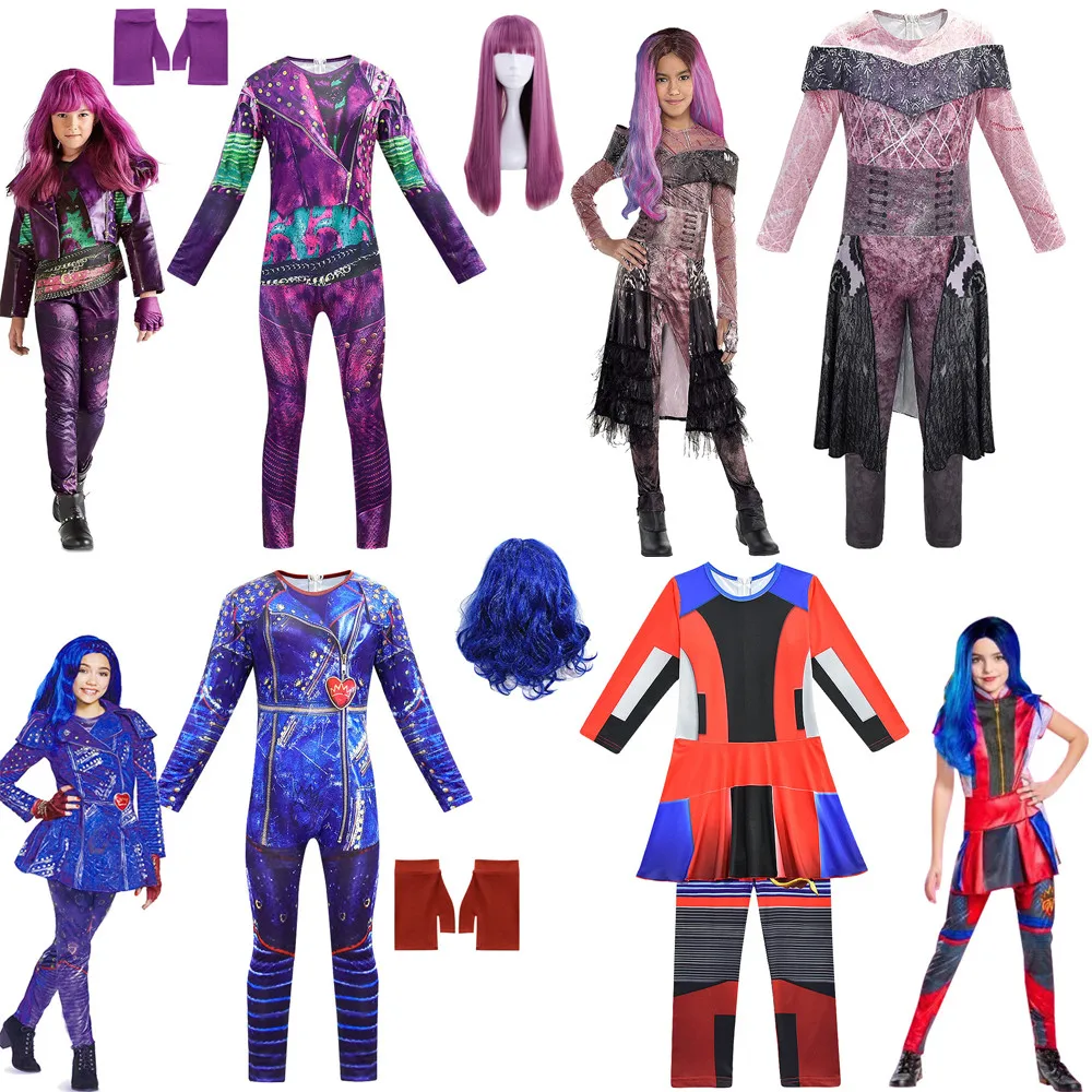 girls Anilnc Descendants 3 Evie cosplay costumes with Wig + gloves children Carnival party Jumpsuits halloween costume for kids |