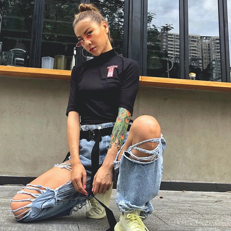 TWOTWINSTYLE Streetwear Ripped Hole Straight Denim Pants For Women High Waist Pants Female Fashion Clothes Summer New