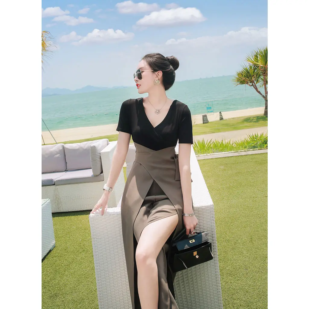 

Women New 2021 Summer Short Sleeve Patchwork Puffles Jumpsuits Female V-neck High Waist Casual Wide Leg Rompers Overalls S186